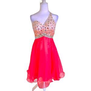 VTG Deb One Shoulder Coral Pink Sequin Beaded Short Dress 4 Glam Party Hoco Y2K